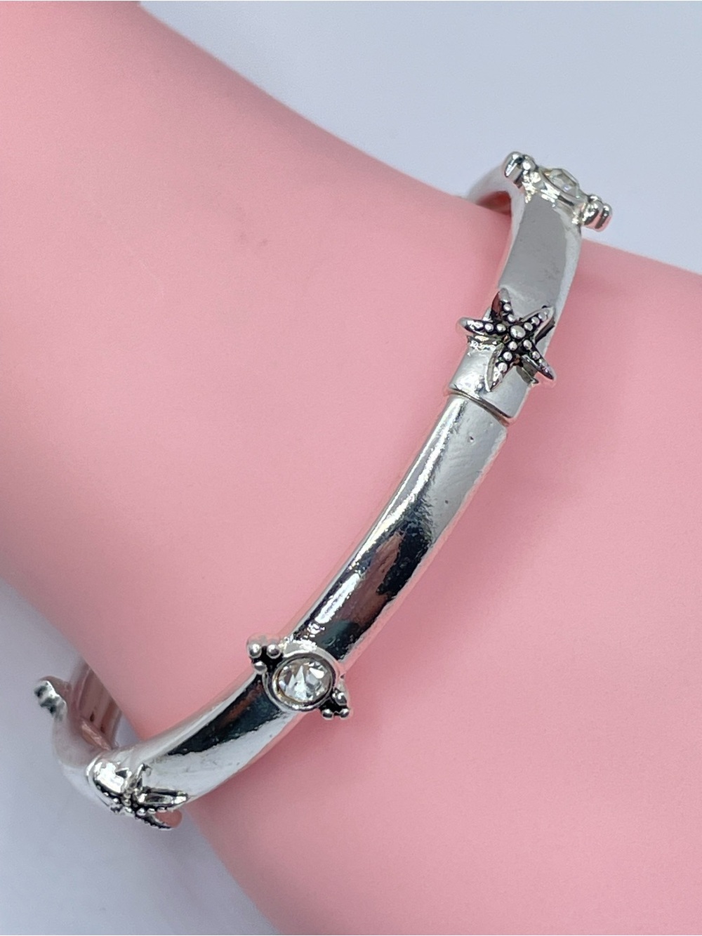 Silver Starfish Crystal Stretch Bracelet Beach Coastal New Boho